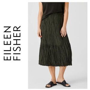 Eileen Fisher Crushed Silk Habutai Skirt Tiered Elastic Waist Drark Green Size L